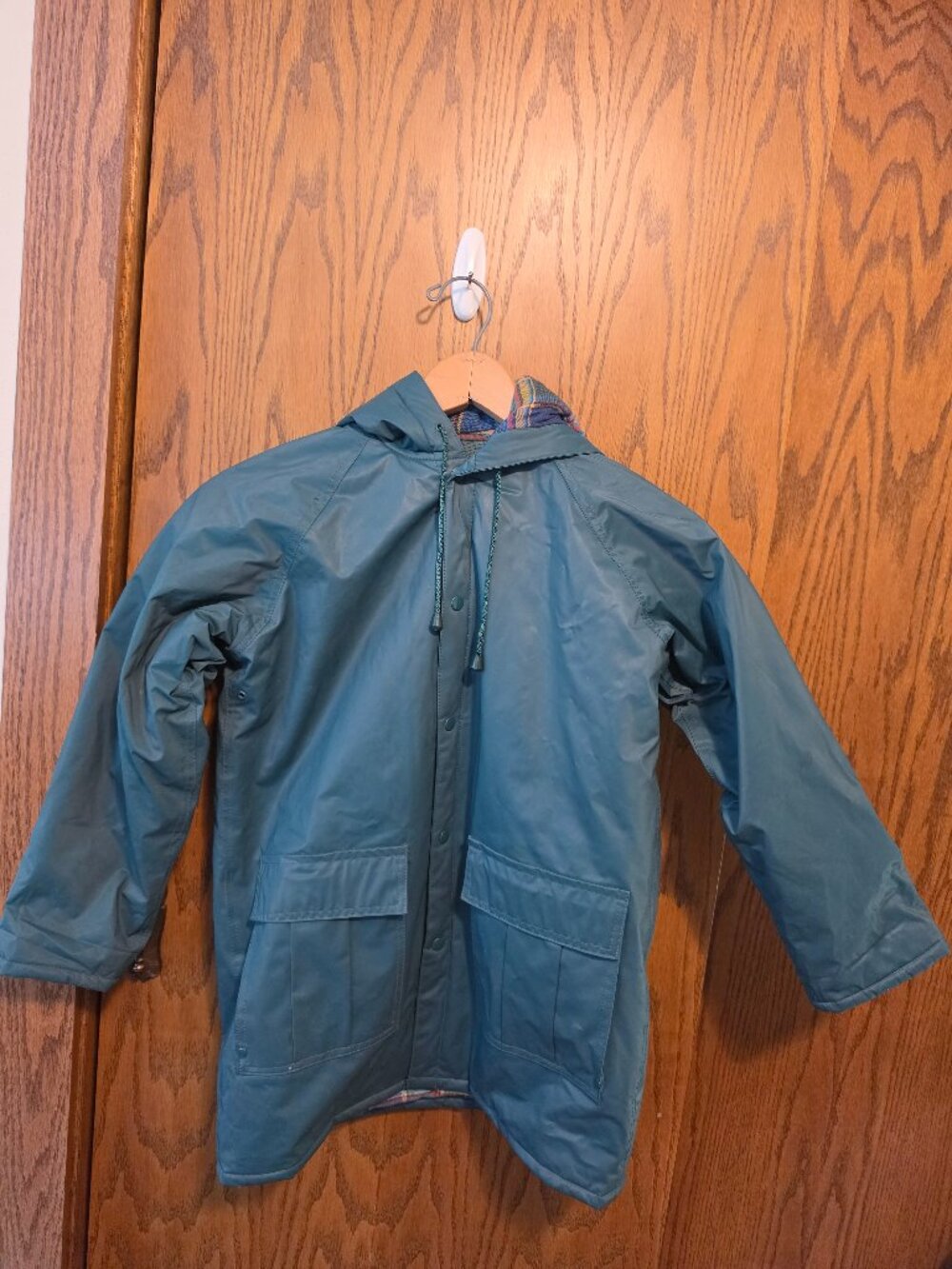 VTG Billy the Kid Hooded Rain Jacket Teal Green Plaid Flannel Lined Vinyl Youth